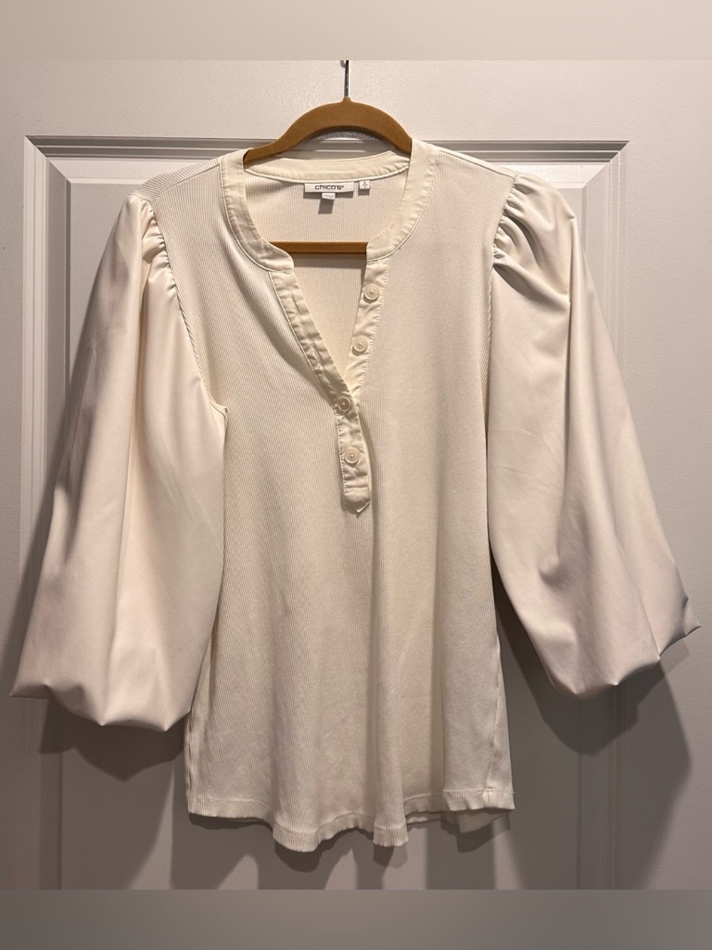 Chico's Cream Puff-Sleeve Henley Top